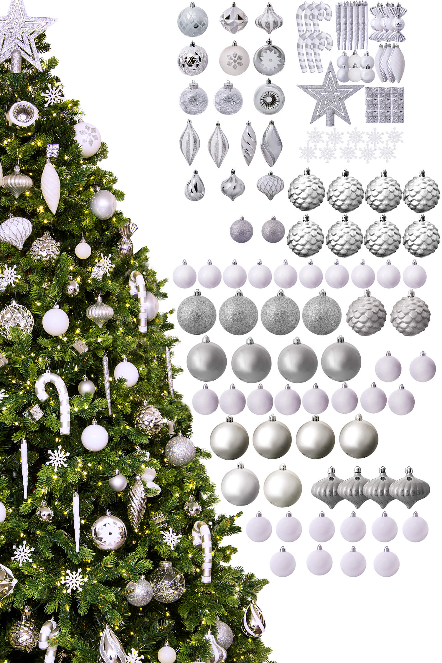 Silver and white store christmas baubles
