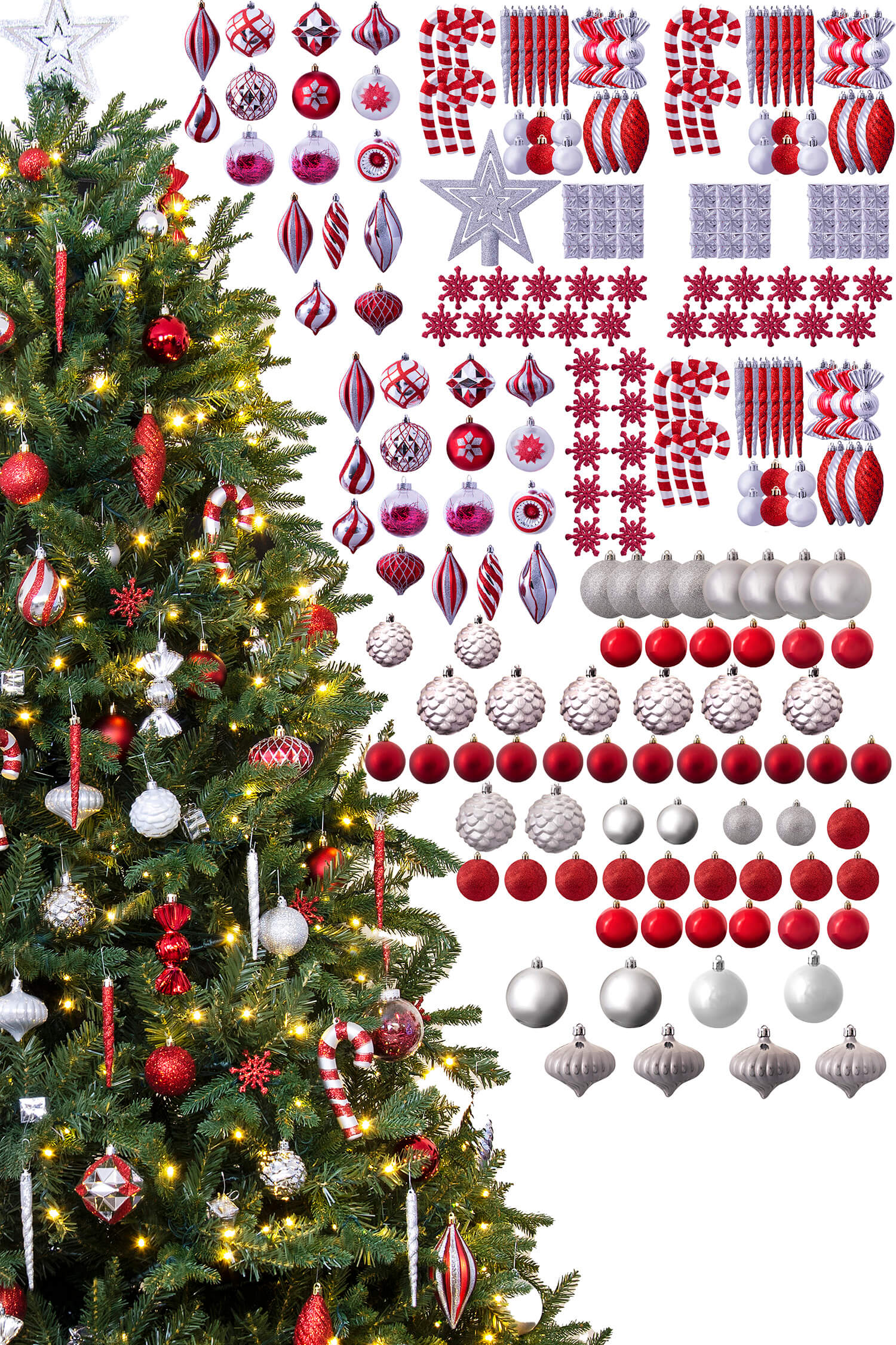 The 212pc Red Silver Full Heavy Coverage Bauble Set 8ft trees