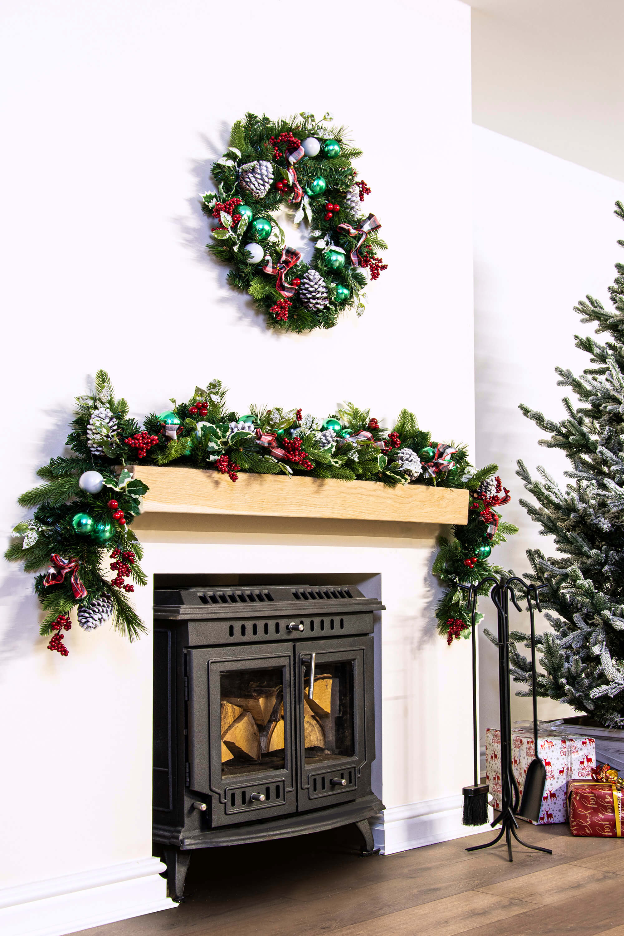 50cm Decorated Mixed Pine Wreath with Tartan Bows