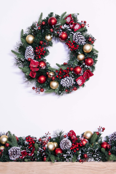 50cm Decorated Mixed Pine Wreath with Red & Gold Baubles