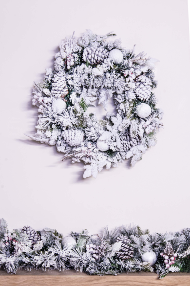 50cm Frosted Decorated Mixed Pine Wreath with White Baubles