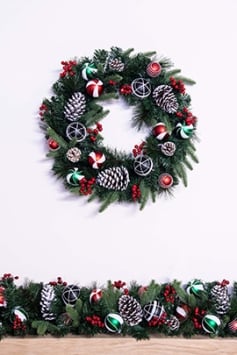 50cm Decorated Mixed Pine Wreath with Red Green & Black Baubles
