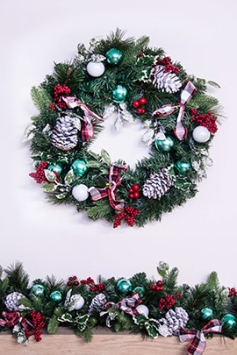 50cm Decorated Mixed Pine Wreath with Tartan Bows