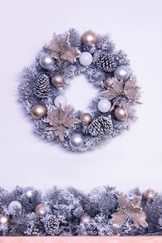 50cm Decorated Silver Mixed Pine Wreath with Rose Gold Poinsettia