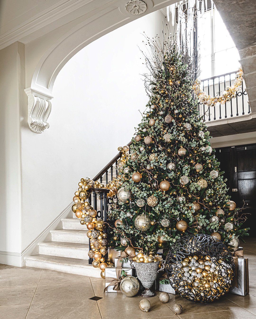 Giant baubles on modern Christmas tree