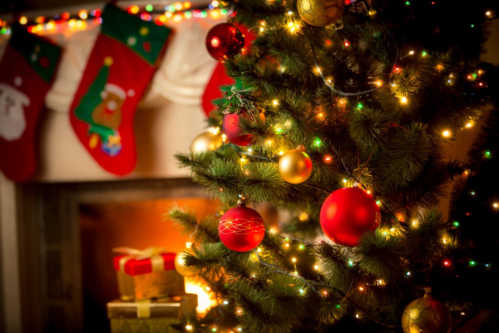 Decorated fireplace and Christmas tree