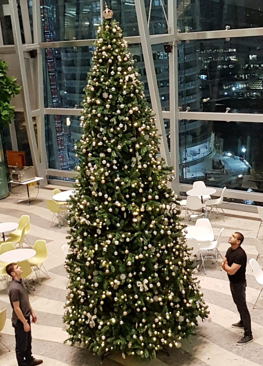 Large Christmas tree with lights and decorations