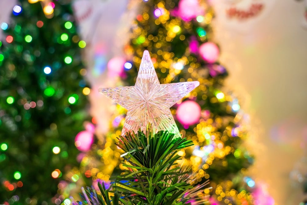 Star on top of a fibre optic tree with other trees blurred in the background